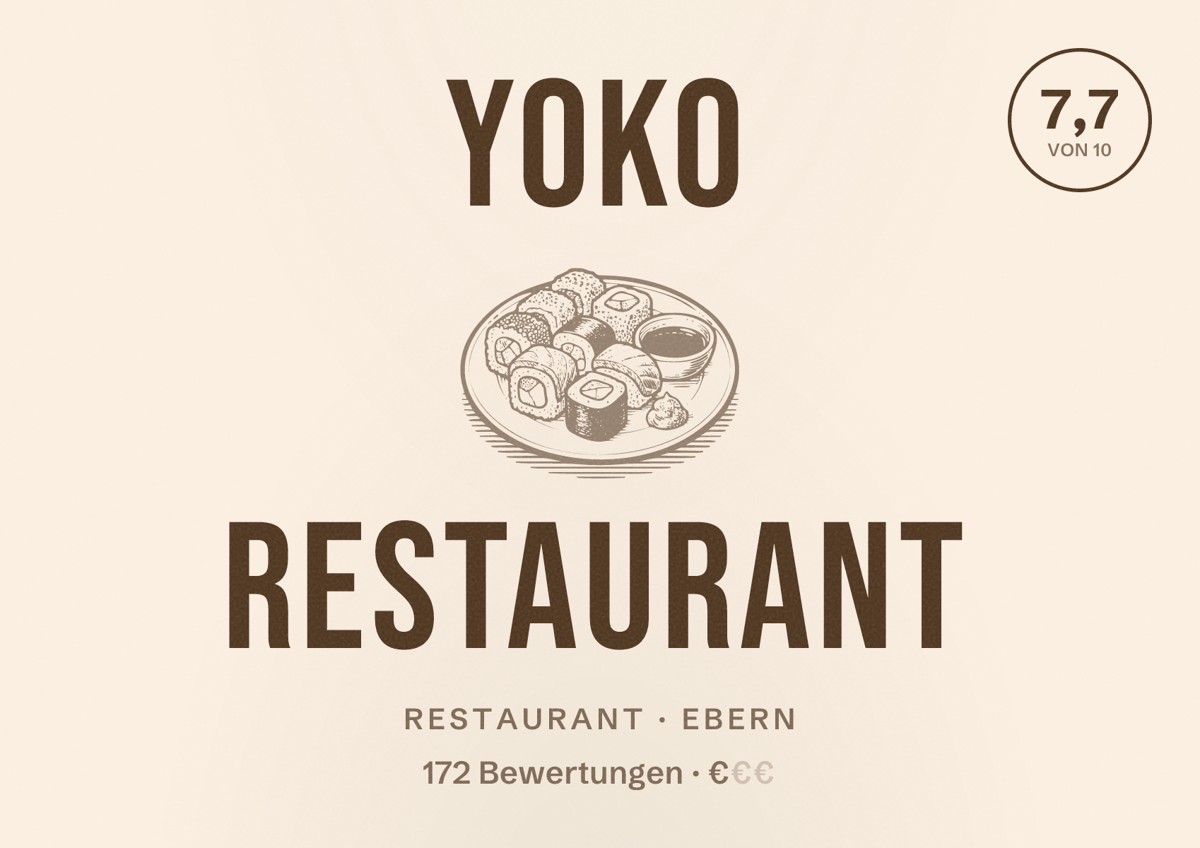 Illustriertes Poster von Yoko Restaurant, Restaurant in Ebern: Bewertung 7,7 von 10 aus 172 Bewertungen, Preisniveau €