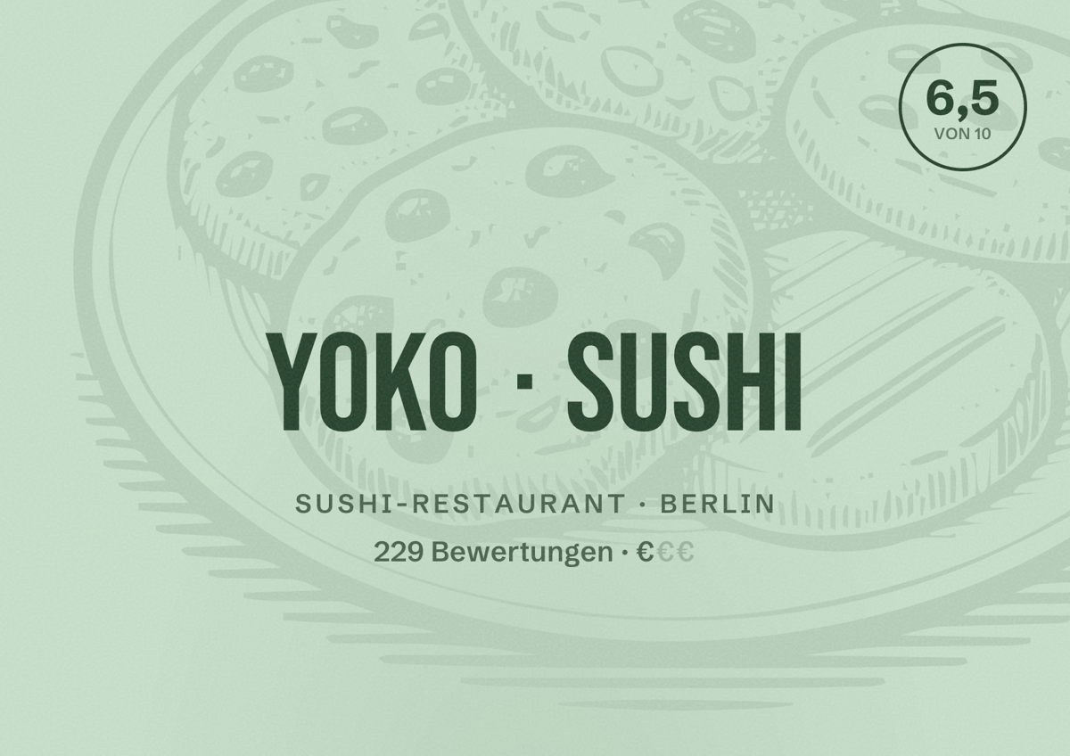 Illustriertes Poster von Yoko Sushi, Sushi-Restaurant in Berlin: Bewertung 6,5 von 10 aus 229 Bewertungen, Preisniveau €