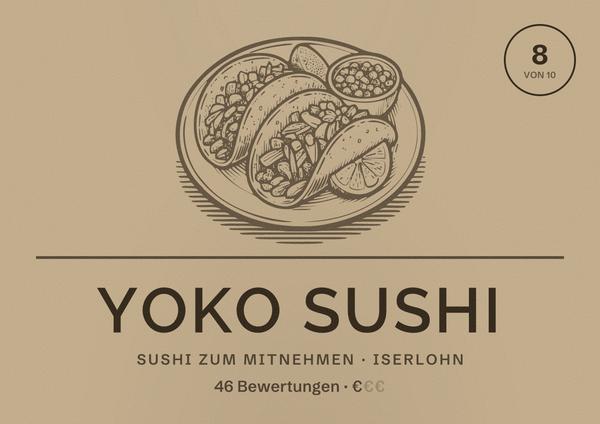 Illustriertes Poster von Yoko Sushi, Sushi zum Mitnehmen in Iserlohn: Bewertung 8 von 10 aus 46 Bewertungen, Preisniveau €
