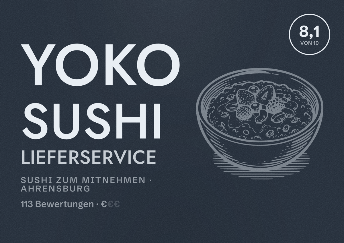 Illustriertes Poster von Yoko Sushi Lieferservice, Sushi zum Mitnehmen in Ahrensburg: Bewertung 8,1 von 10 aus 113 Bewertungen, Preisniveau €