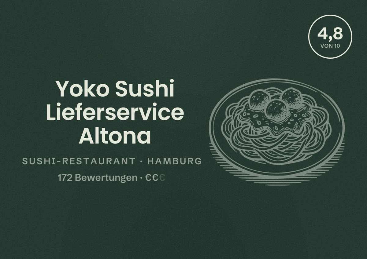 Illustriertes Poster von Yoko Sushi Lieferservice Altona, Sushi-Restaurant in Hamburg: Bewertung 4,8 von 10 aus 172 Bewertungen, Preisniveau €€
