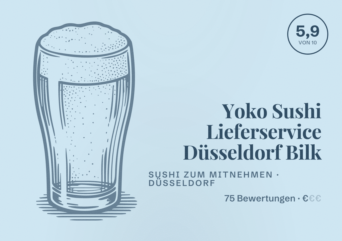 Illustriertes Poster von Yoko Sushi Lieferservice Düsseldorf Bilk, Sushi zum Mitnehmen in Düsseldorf: Bewertung 5,9 von 10 aus 75 Bewertungen, Preisniveau €