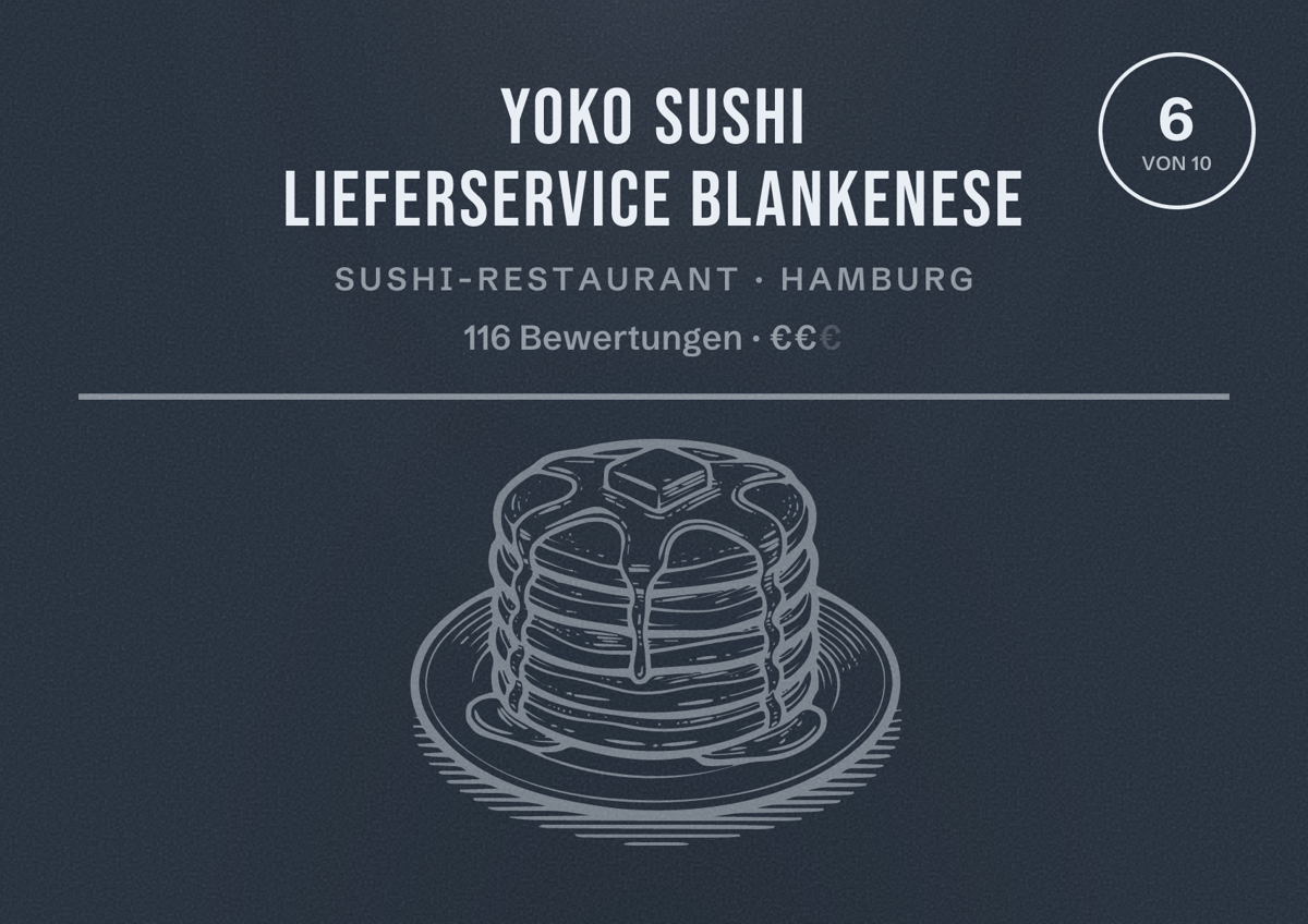 Illustriertes Poster von Yoko Sushi Lieferservice Blankenese, Sushi-Restaurant in Hamburg: Bewertung 6,0 von 10 aus 116 Bewertungen, Preisniveau €€