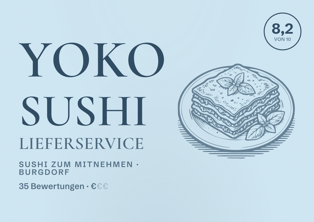 Illustriertes Poster von Yoko Sushi Lieferservice, Sushi zum Mitnehmen in Burgdorf: Bewertung 8,2 von 10 aus 35 Bewertungen, Preisniveau €