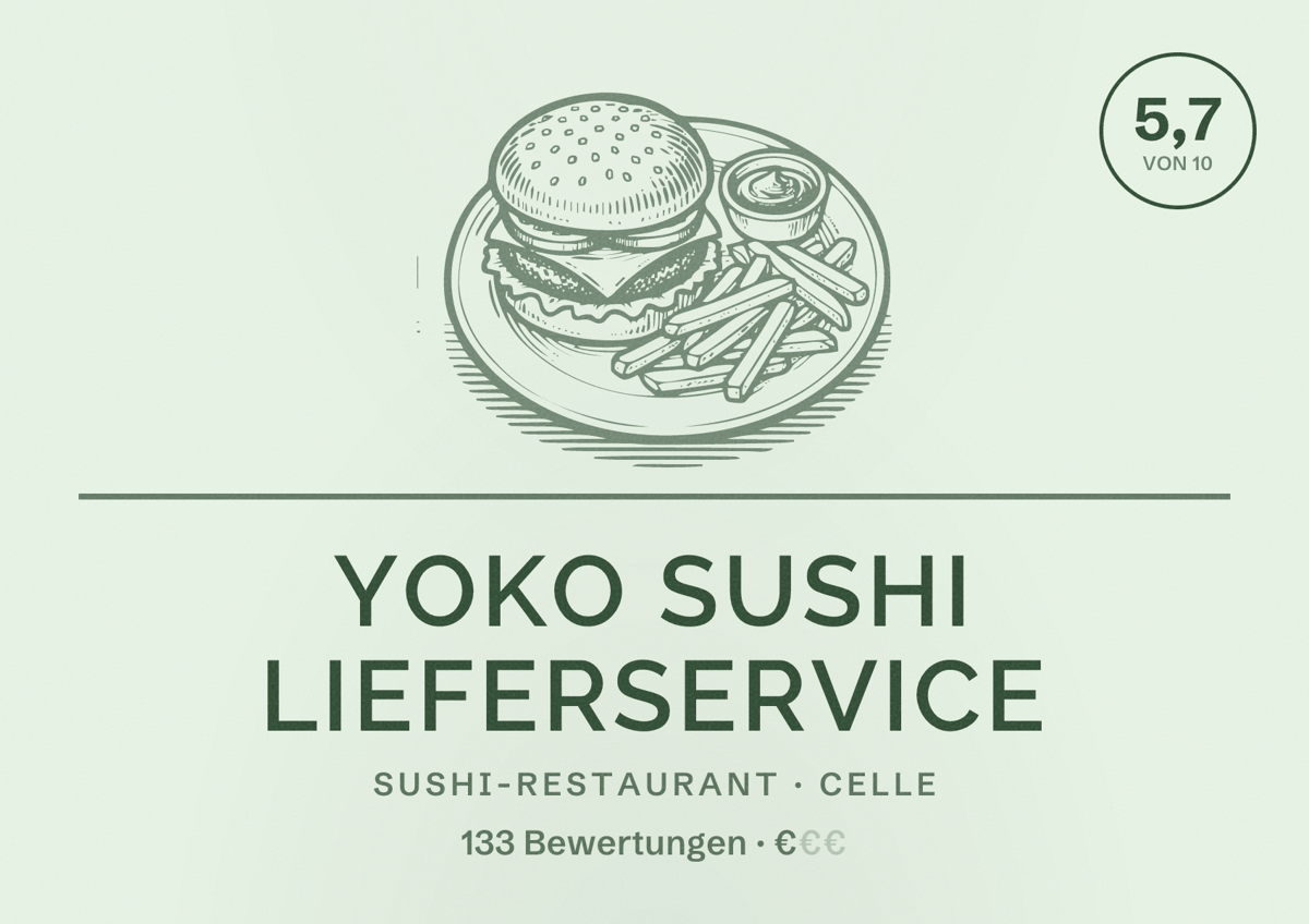Illustriertes Poster von Yoko Sushi Lieferservice, Sushi-Restaurant in Celle: Bewertung 5,7 von 10 aus 133 Bewertungen, Preisniveau €