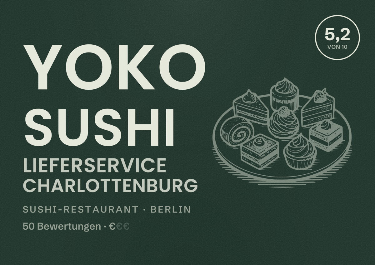 Illustriertes Poster von Yoko Sushi Lieferservice Charlottenburg, Sushi-Restaurant in Berlin: Bewertung 5,2 von 10 aus 50 Bewertungen, Preisniveau €