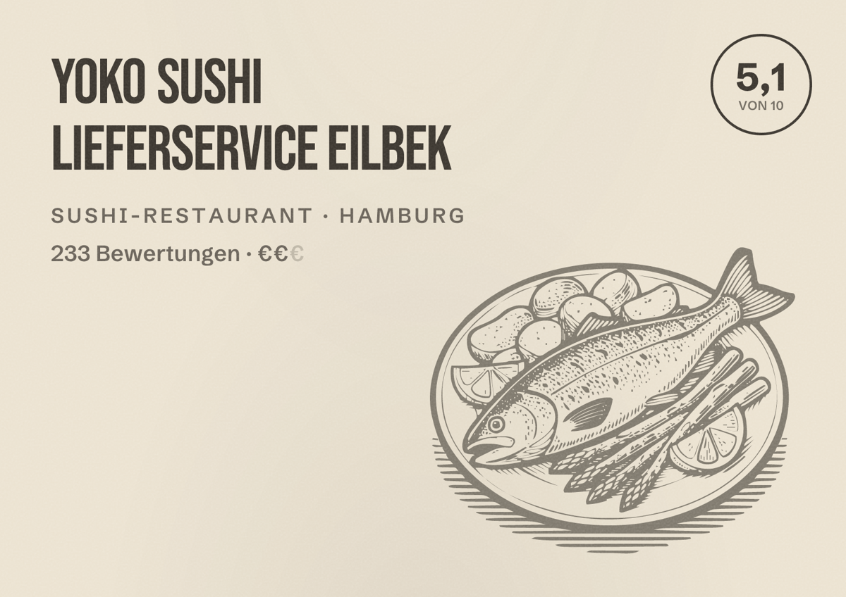 Illustriertes Poster von Yoko Sushi Lieferservice Eilbek, Sushi-Restaurant in Hamburg: Bewertung 5,1 von 10 aus 233 Bewertungen, Preisniveau €€