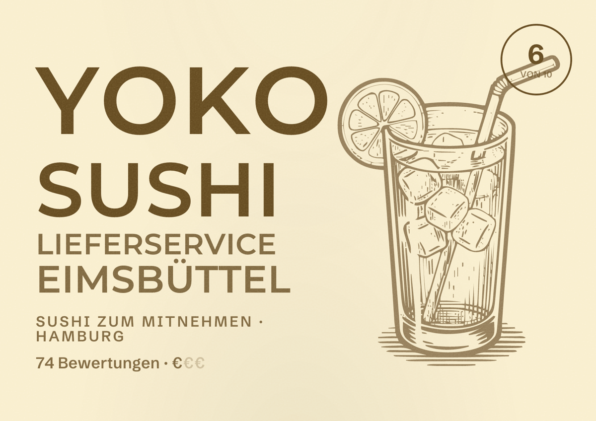 Illustriertes Poster von Yoko Sushi Lieferservice Eimsbüttel, Sushi zum Mitnehmen in Hamburg: Bewertung 6,0 von 10 aus 74 Bewertungen, Preisniveau €
