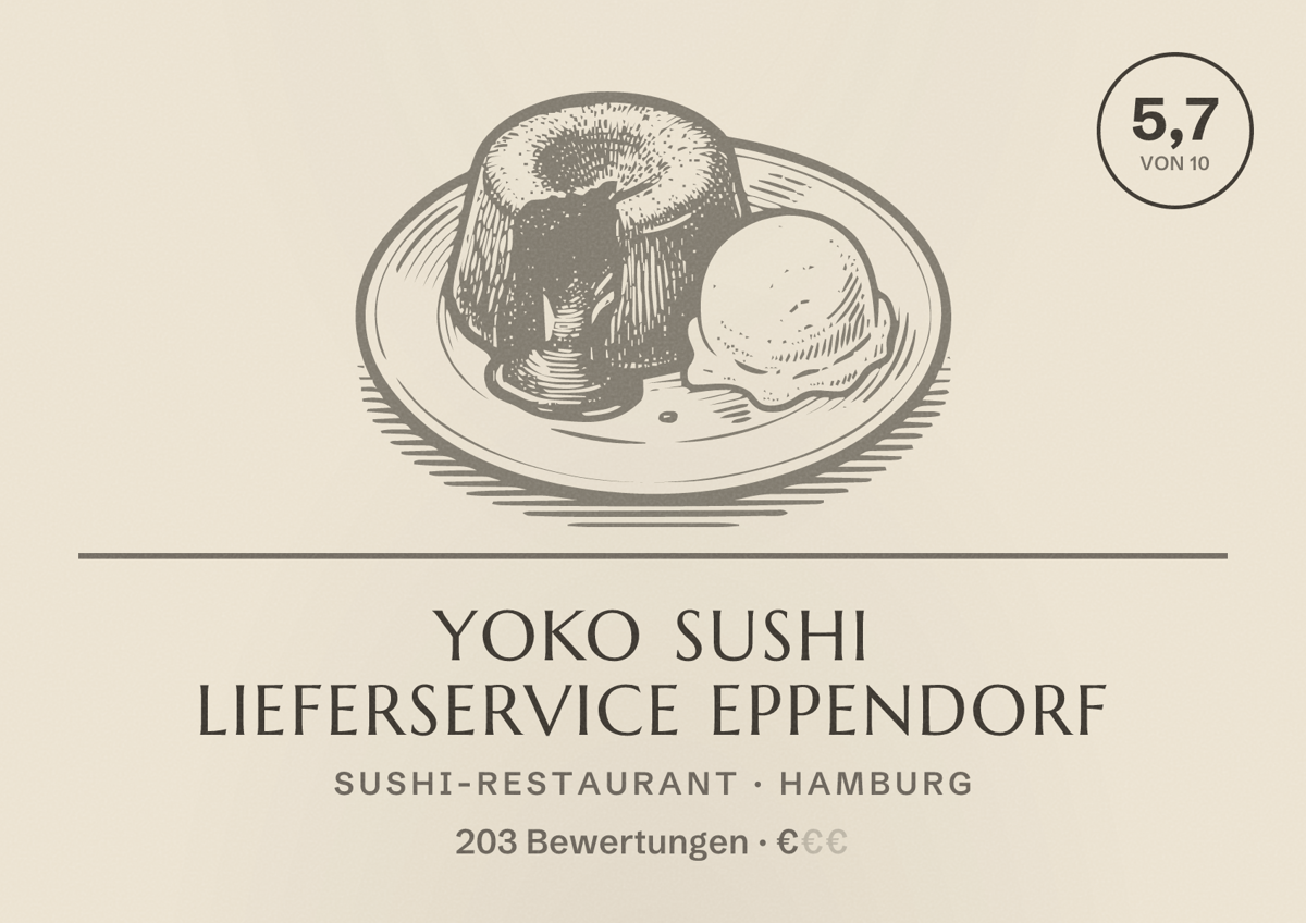Illustriertes Poster von Yoko Sushi Lieferservice Eppendorf, Sushi-Restaurant in Hamburg: Bewertung 5,7 von 10 aus 203 Bewertungen, Preisniveau €