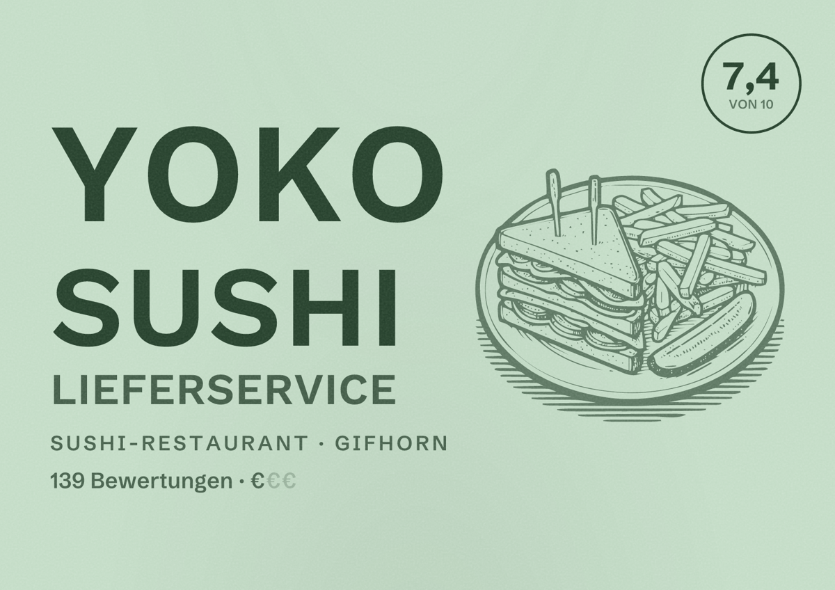 Illustriertes Poster von Yoko Sushi Lieferservice, Sushi-Restaurant in Gifhorn: Bewertung 7,4 von 10 aus 139 Bewertungen, Preisniveau €