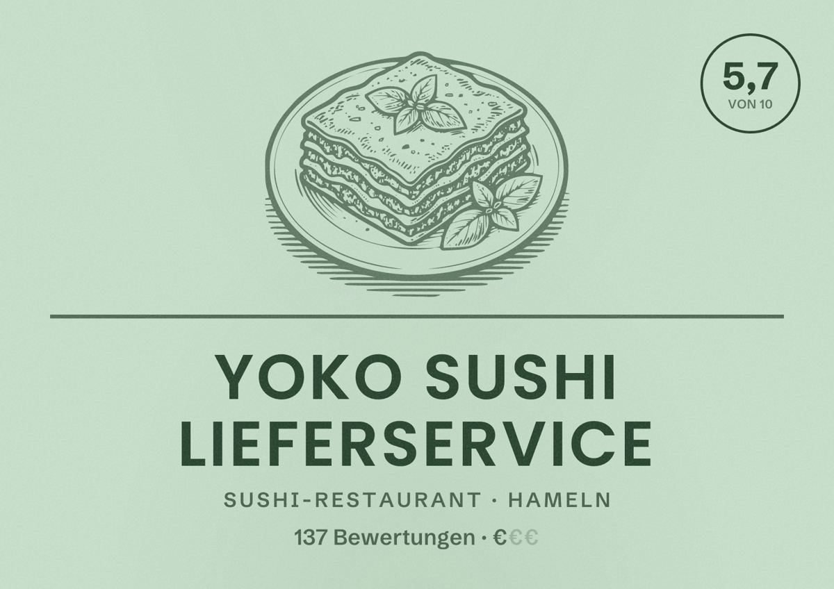 Illustriertes Poster von Yoko Sushi Lieferservice, Sushi-Restaurant in Hameln: Bewertung 5,7 von 10 aus 137 Bewertungen, Preisniveau €