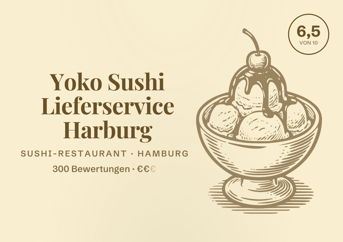 Illustriertes Poster von Yoko Sushi Lieferservice Harburg, Sushi-Restaurant in Hamburg: Bewertung 6,5 von 10 aus 300 Bewertungen, Preisniveau €€
