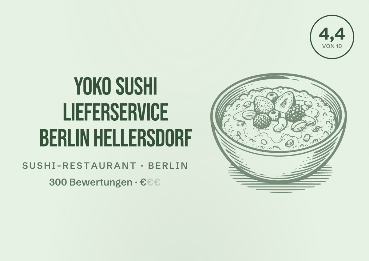 Illustriertes Poster von Yoko Sushi Lieferservice Berlin Hellersdorf, Sushi-Restaurant in Berlin: Bewertung 4,4 von 10 aus 300 Bewertungen, Preisniveau €