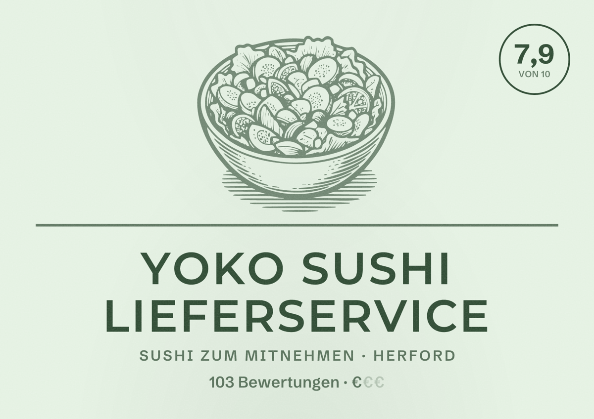 Illustriertes Poster von Yoko Sushi Lieferservice, Sushi zum Mitnehmen in Herford: Bewertung 7,9 von 10 aus 103 Bewertungen, Preisniveau €