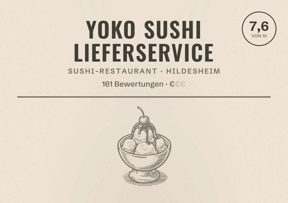 Illustriertes Poster von Yoko Sushi Lieferservice, Sushi-Restaurant in Hildesheim: Bewertung 7,6 von 10 aus 161 Bewertungen, Preisniveau €