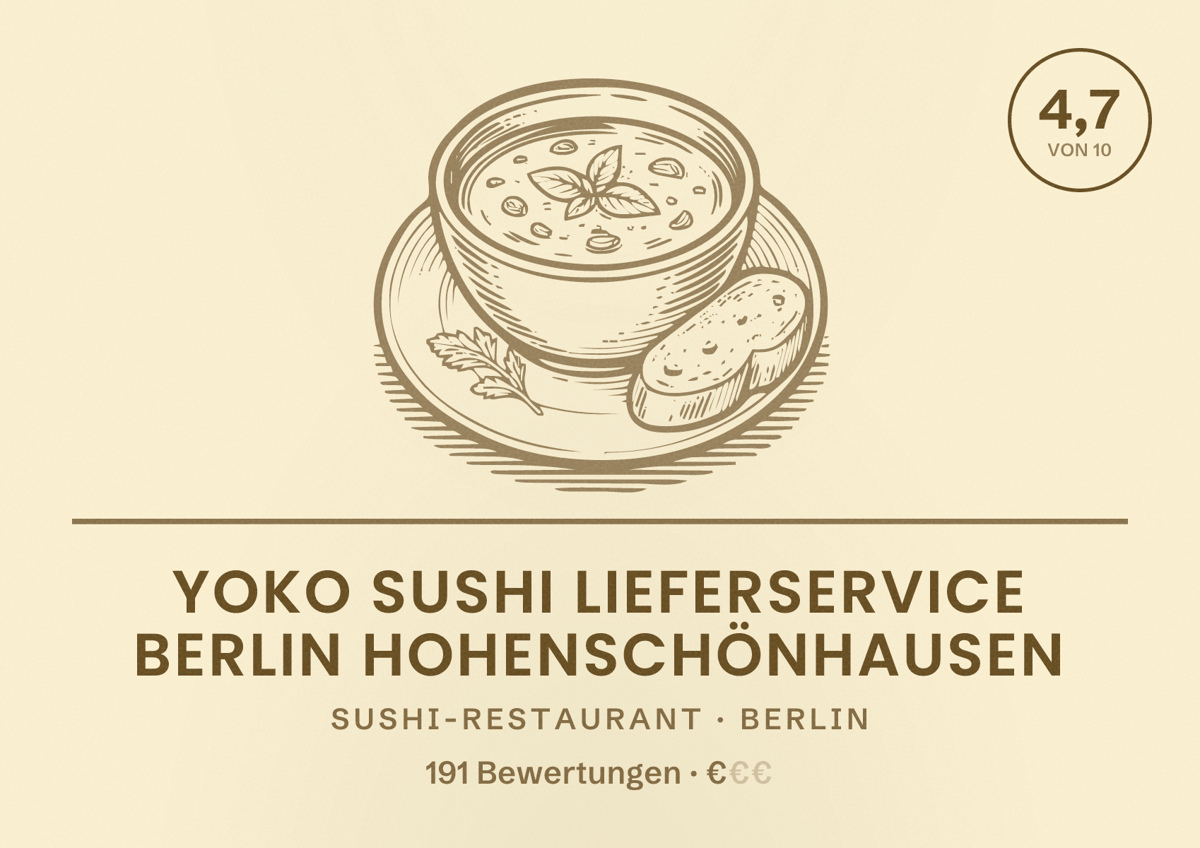 Illustriertes Poster von Yoko Sushi Lieferservice Berlin Hohenschönhausen, Sushi-Restaurant in Berlin: Bewertung 4,7 von 10 aus 191 Bewertungen, Preisniveau €