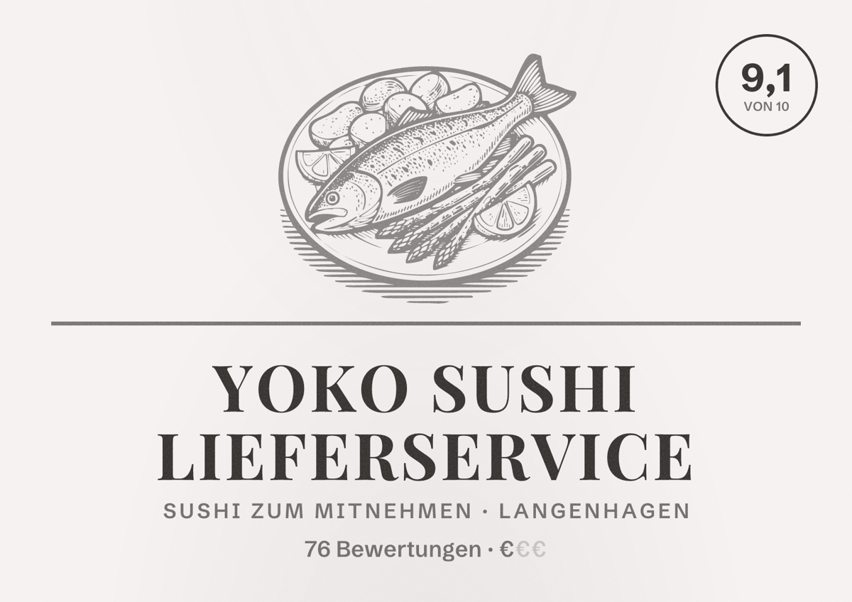 Illustriertes Poster von Yoko Sushi Lieferservice, Sushi zum Mitnehmen in Langenhagen: Bewertung 9,1 von 10 aus 76 Bewertungen, Preisniveau €