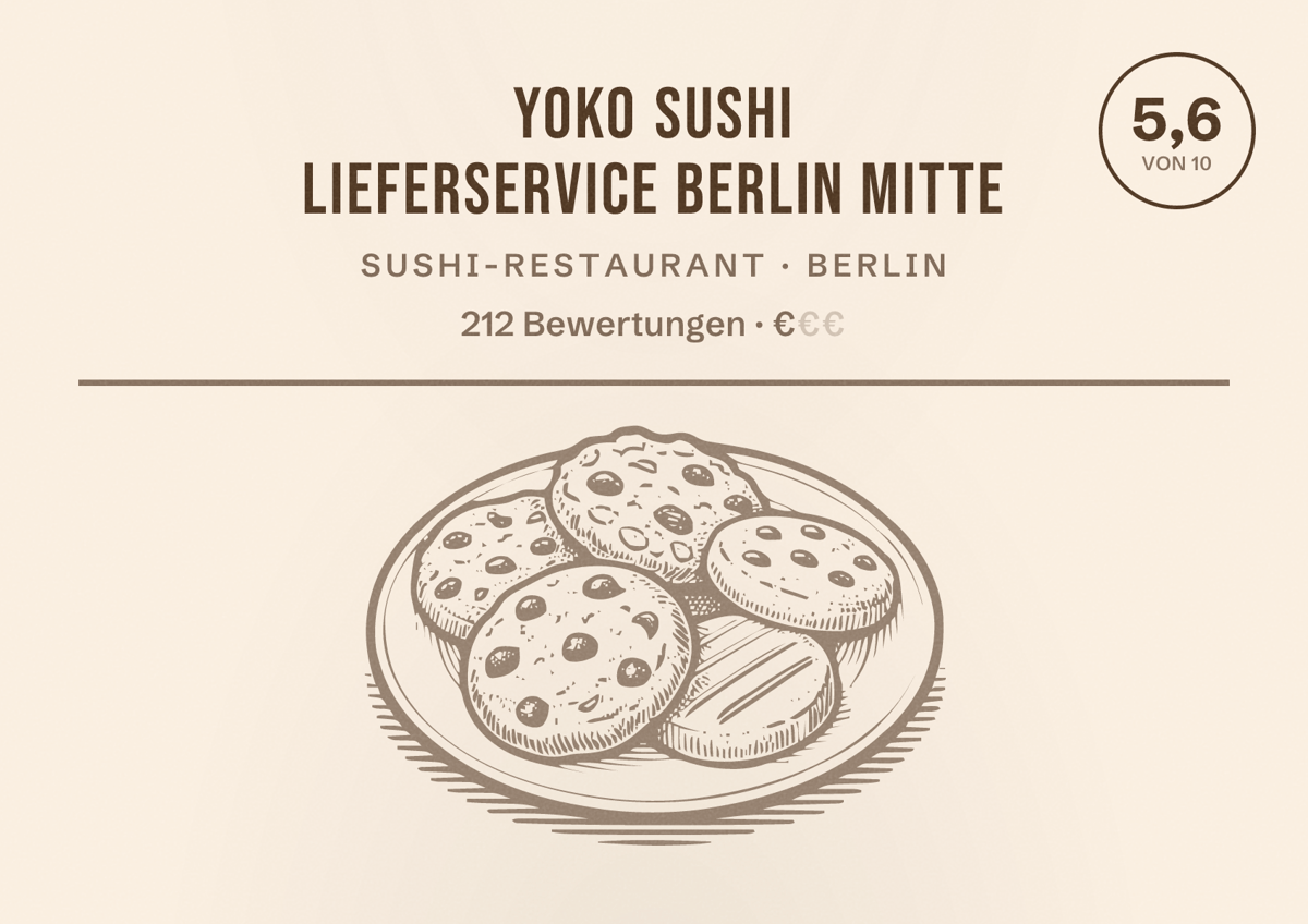Illustriertes Poster von Yoko Sushi Lieferservice Berlin Mitte, Sushi-Restaurant in Berlin: Bewertung 5,6 von 10 aus 212 Bewertungen, Preisniveau €