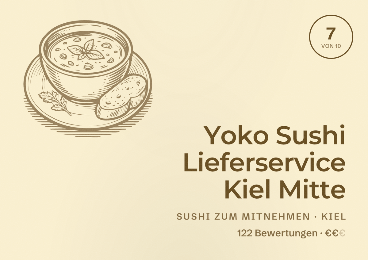 Illustriertes Poster von Yoko Sushi Lieferservice Kiel Mitte, Sushi zum Mitnehmen in Kiel: Bewertung 7 von 10 aus 122 Bewertungen, Preisniveau €€