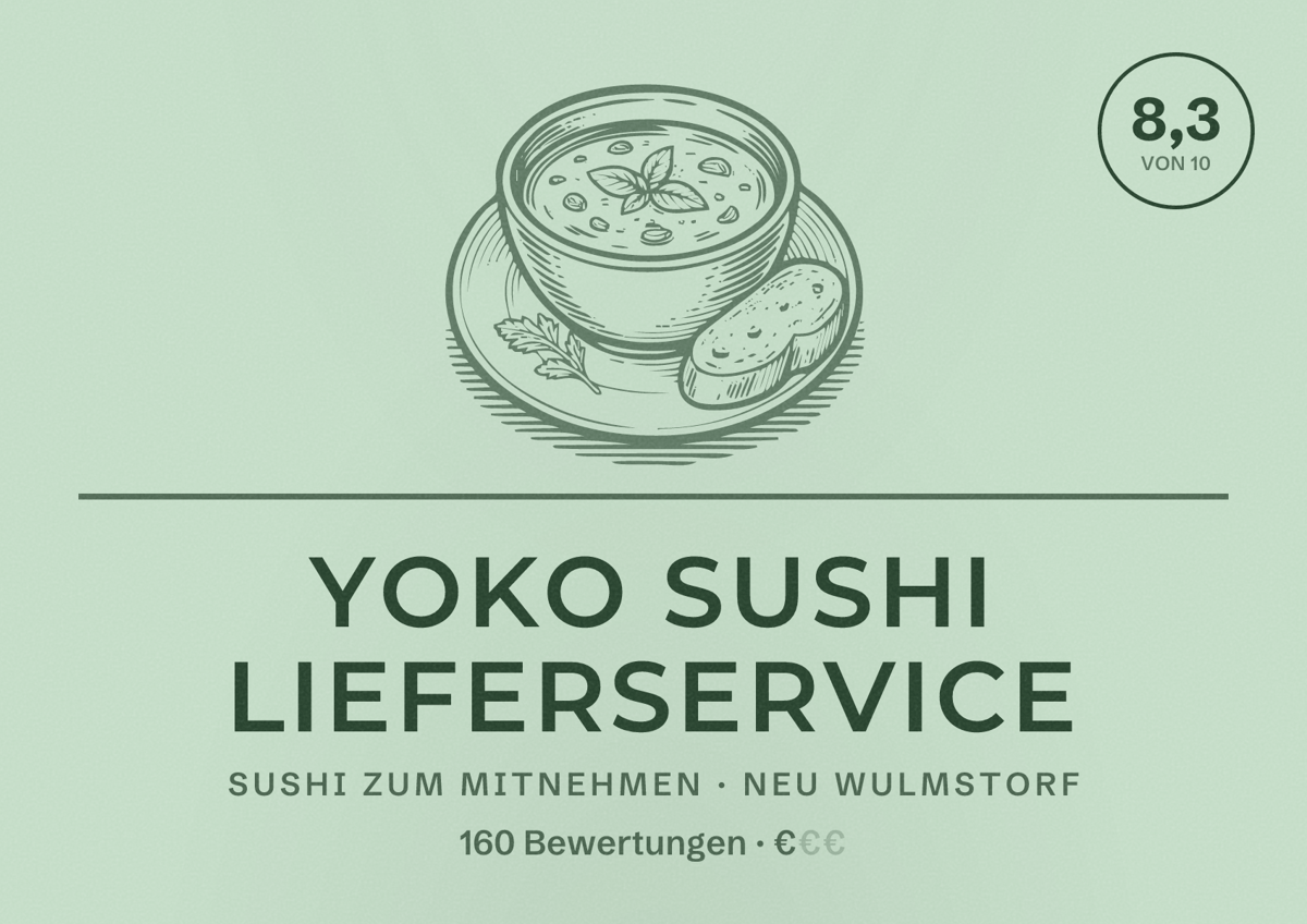 Illustriertes Poster von Yoko Sushi Lieferservice, Sushi zum Mitnehmen in Neu Wulmstorf: Bewertung 8,3 von 10 aus 160 Bewertungen, Preisniveau €