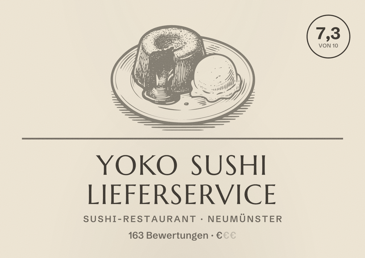 Illustriertes Poster von Yoko Sushi Lieferservice, Sushi-Restaurant in Neumünster: Bewertung 7,3 von 10 aus 163 Bewertungen, Preisniveau €