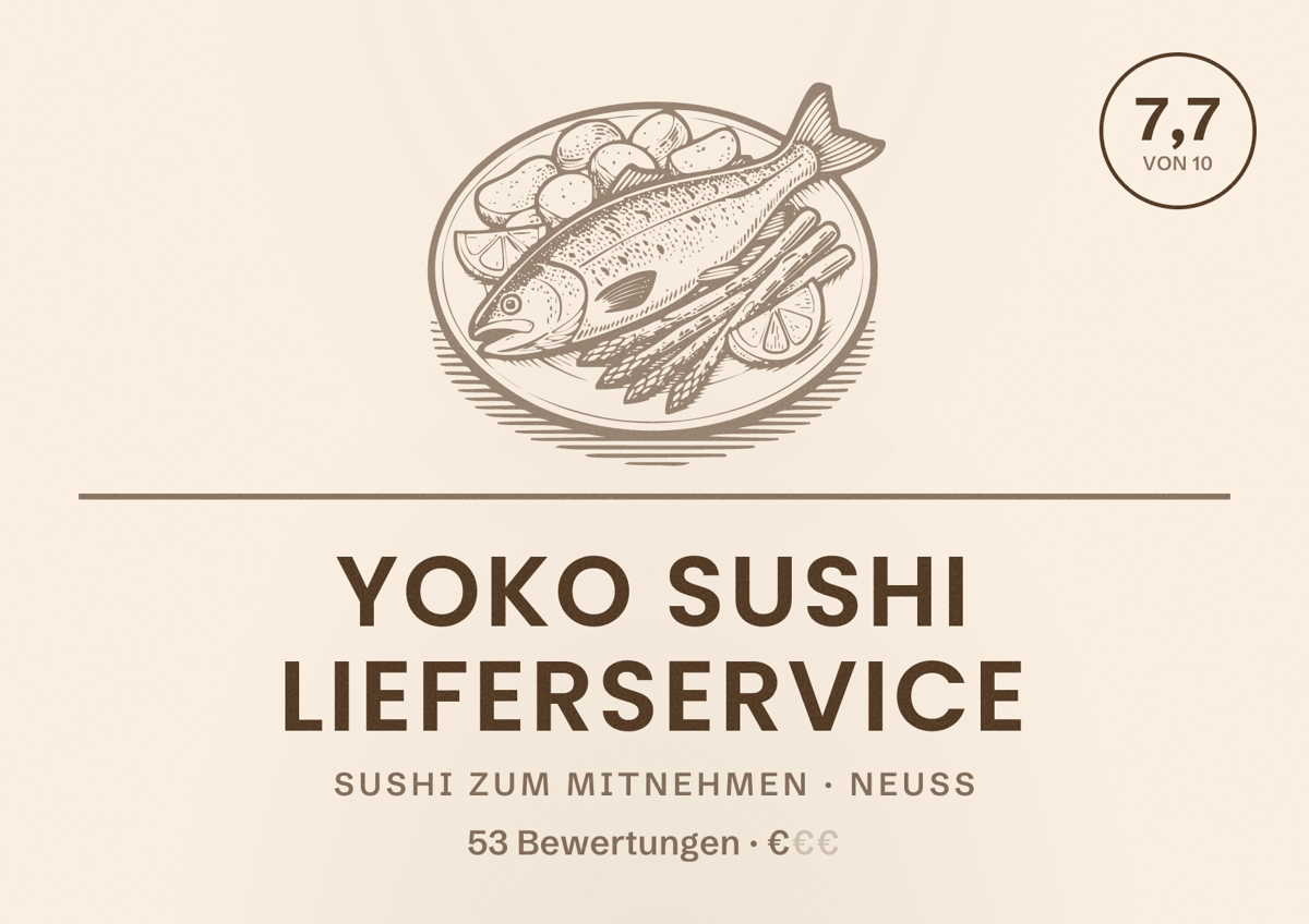 Illustriertes Poster von Yoko Sushi Lieferservice, Sushi zum Mitnehmen in Neuss: Bewertung 7,7 von 10 aus 53 Bewertungen, Preisniveau €