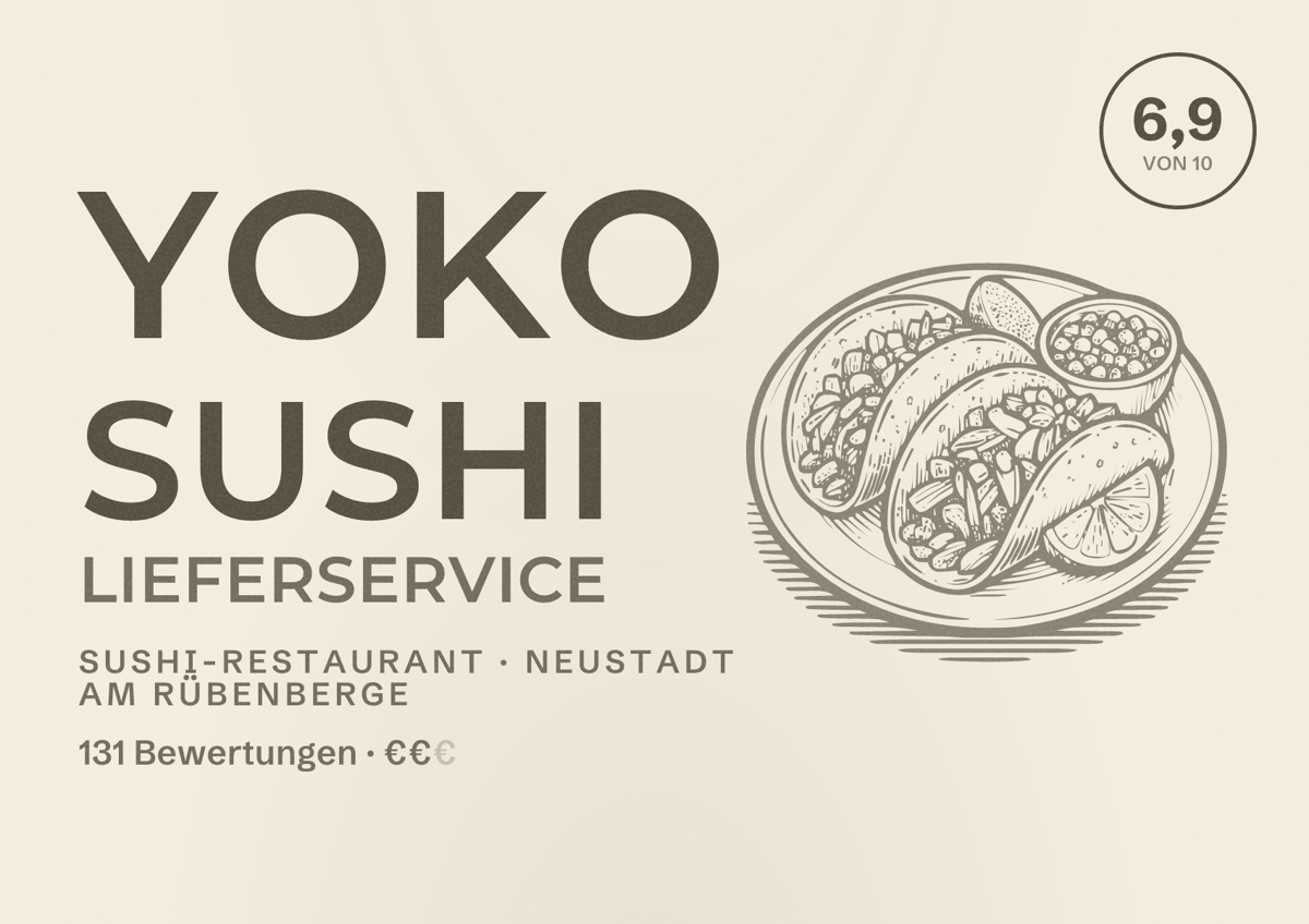 Illustriertes Poster von Yoko Sushi Lieferservice, Sushi-Restaurant in Neustadt am Rübenberge: Bewertung 6,9 von 10 aus 131 Bewertungen, Preisniveau €€