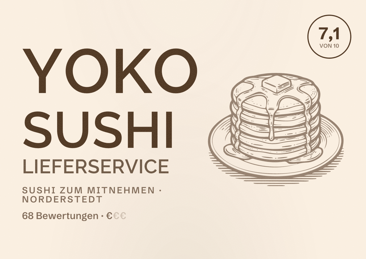 Illustriertes Poster von Yoko Sushi Lieferservice, Sushi zum Mitnehmen in Norderstedt: Bewertung 7,1 von 10 aus 68 Bewertungen, Preisniveau €