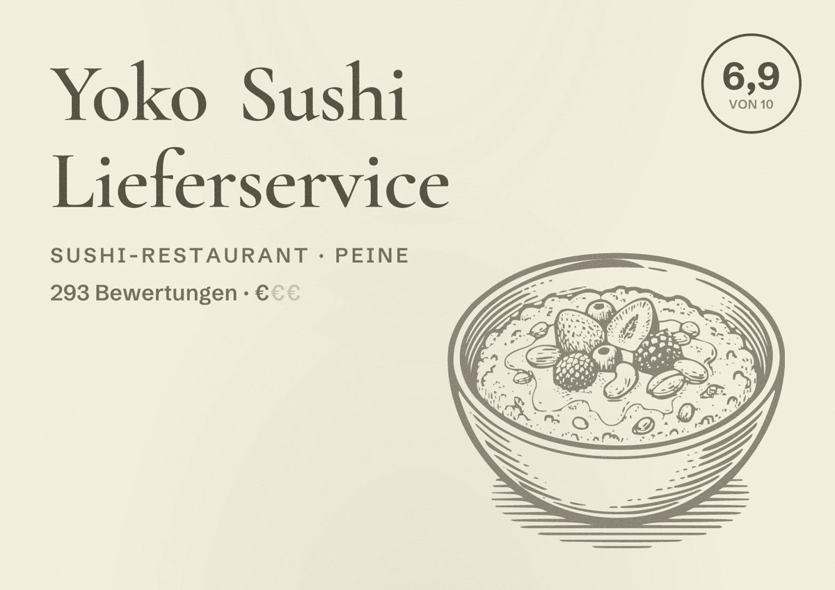Illustriertes Poster von Yoko Sushi Lieferservice, Sushi-Restaurant in Peine: Bewertung 6,9 von 10 aus 293 Bewertungen, Preisniveau €