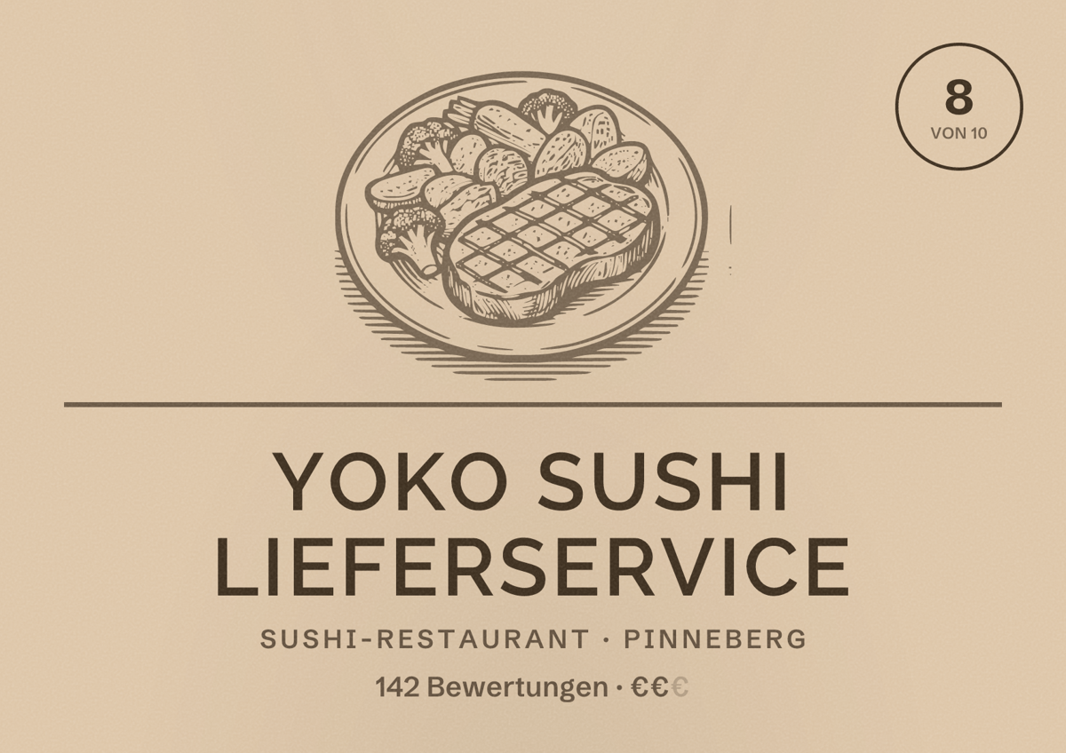 Illustriertes Poster von Yoko Sushi Lieferservice, Sushi-Restaurant in Pinneberg: Bewertung 8 von 10 aus 142 Bewertungen, Preisniveau €€