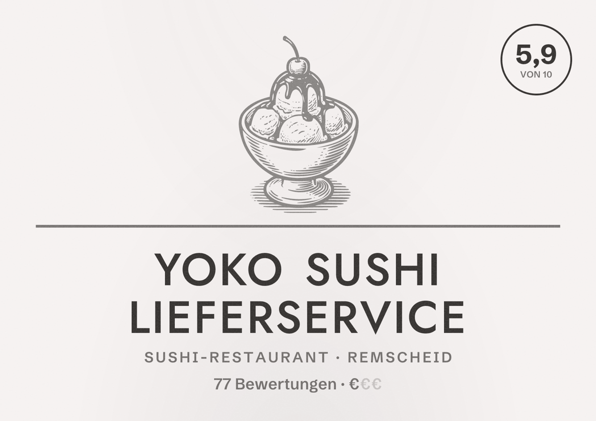 Illustriertes Poster von Yoko Sushi Lieferservice, Sushi-Restaurant in Remscheid: Bewertung 5,9 von 10 aus 77 Bewertungen, Preisniveau €