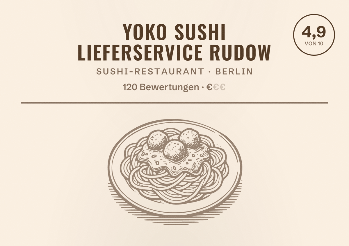 Illustriertes Poster von Yoko Sushi Lieferservice Rudow, Sushi-Restaurant in Berlin: Bewertung 4,9 von 10 aus 120 Bewertungen, Preisniveau €