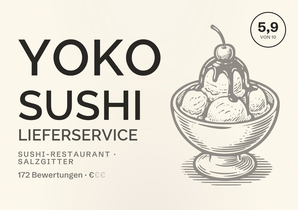 Illustriertes Poster von Yoko Sushi Lieferservice, Sushi-Restaurant in Salzgitter: Bewertung 5,9 von 10 aus 172 Bewertungen, Preisniveau €