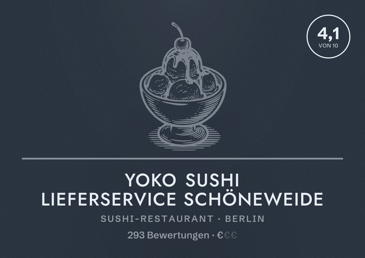 Illustriertes Poster von Yoko Sushi Lieferservice Schöneweide, Sushi-Restaurant in Berlin: Bewertung 4,1 von 10 aus 293 Bewertungen, Preisniveau €
