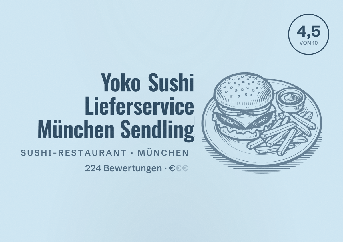 Illustriertes Poster von Yoko Sushi Lieferservice München Sendling, Sushi-Restaurant in München: Bewertung 4,5 von 10 aus 224 Bewertungen, Preisniveau €