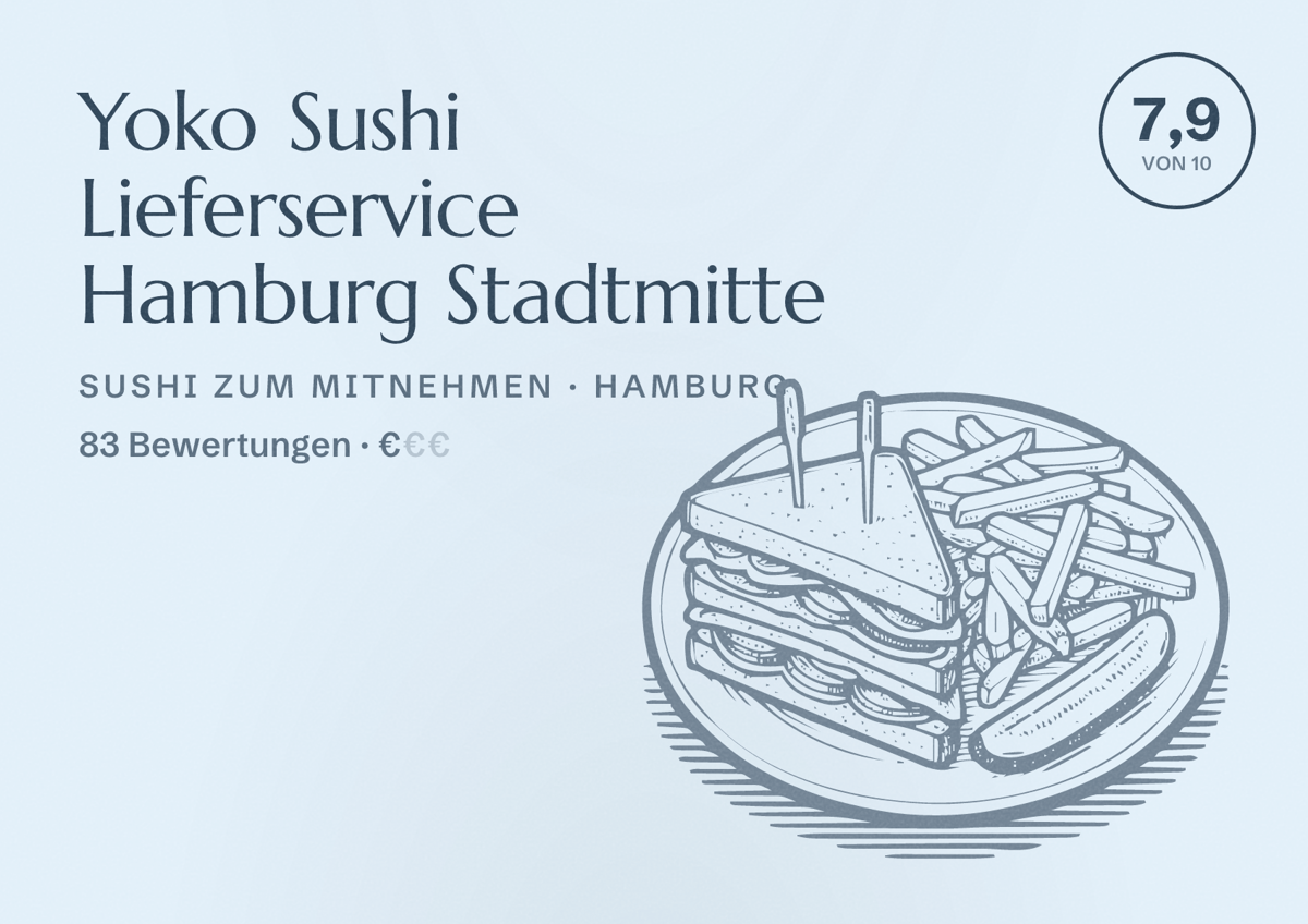 Illustriertes Poster von Yoko Sushi Lieferservice Hamburg Stadtmitte, Sushi zum Mitnehmen in Hamburg: Bewertung 7,9 von 10 aus 83 Bewertungen, Preisniveau €