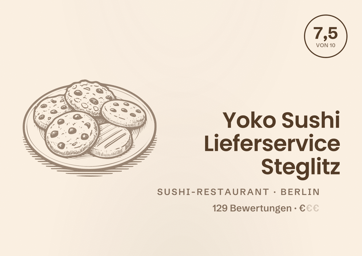 Illustriertes Poster von Yoko Sushi Lieferservice Steglitz, Sushi-Restaurant in Berlin: Bewertung 7,5 von 10 aus 129 Bewertungen, Preisniveau €