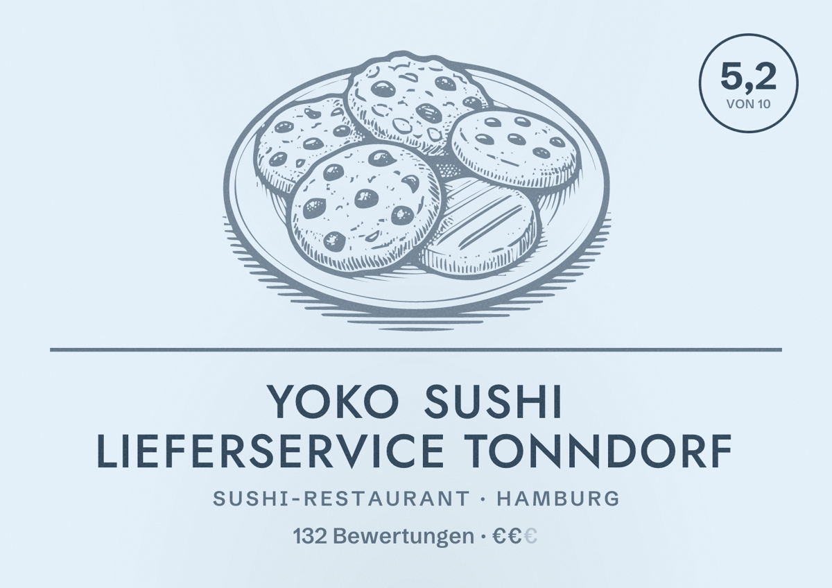 Illustriertes Poster von Yoko Sushi Lieferservice Tonndorf, Sushi-Restaurant in Hamburg: Bewertung 5,2 von 10 aus 132 Bewertungen, Preisniveau €€