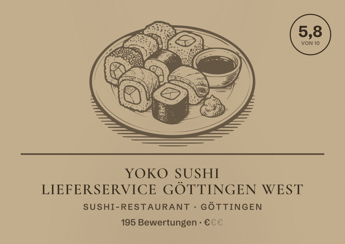 Illustriertes Poster von Yoko Sushi Lieferservice Göttingen West, Sushi-Restaurant in Göttingen: Bewertung 5,8 von 10 aus 195 Bewertungen, Preisniveau €