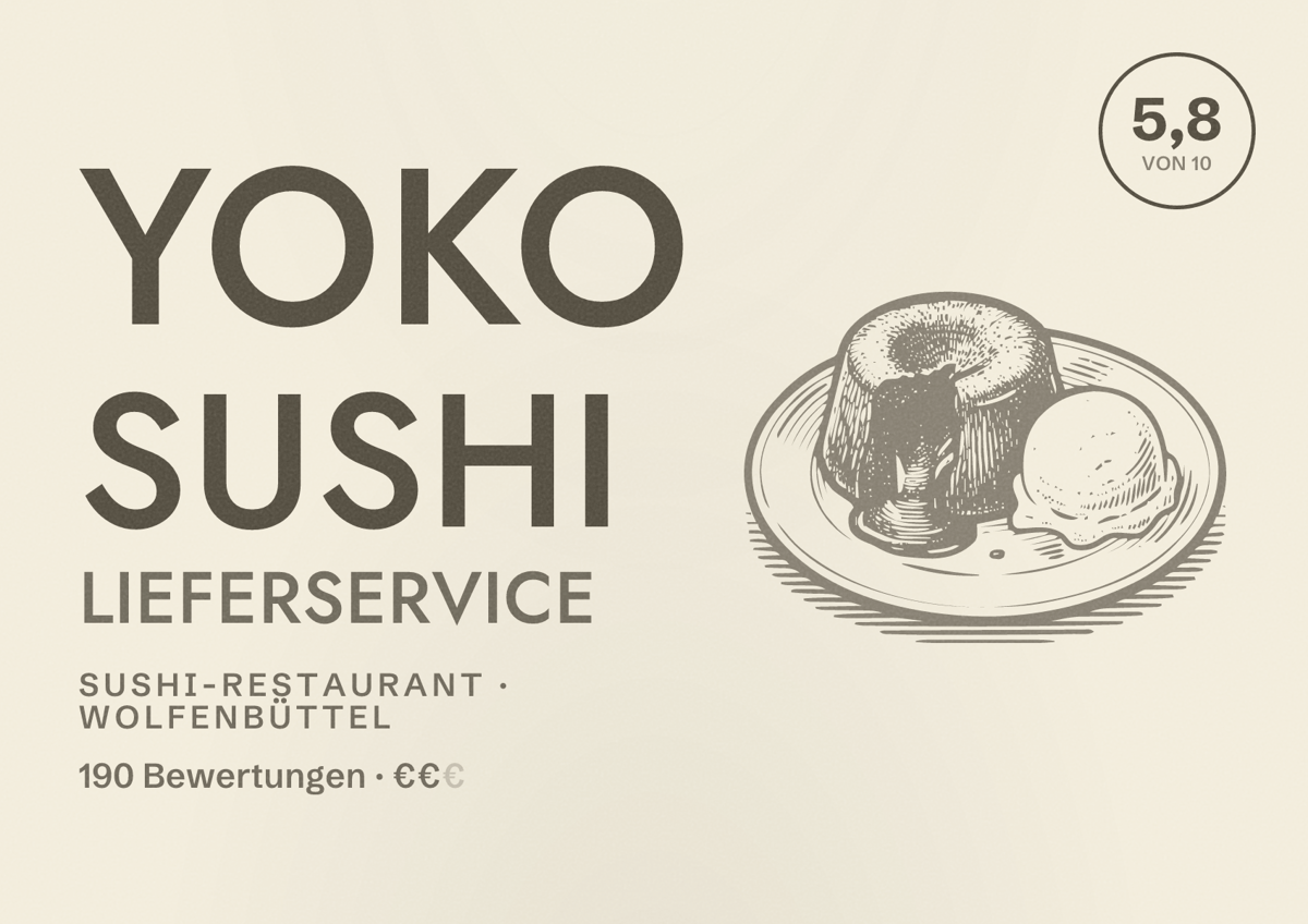 Illustriertes Poster von Yoko Sushi Lieferservice, Sushi-Restaurant in Wolfenbüttel: Bewertung 5,8 von 10 aus 190 Bewertungen, Preisniveau €€
