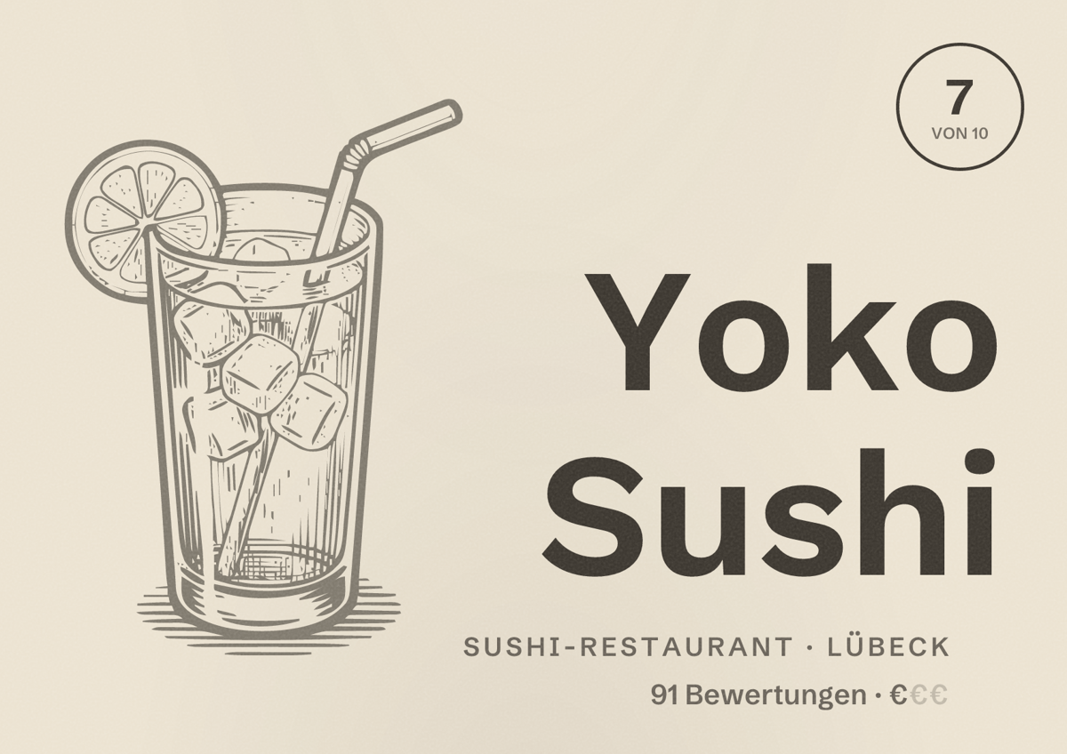 Illustriertes Poster von Yoko Sushi, Sushi-Restaurant in Lübeck: Bewertung 7 von 10 aus 91 Bewertungen, Preisniveau €