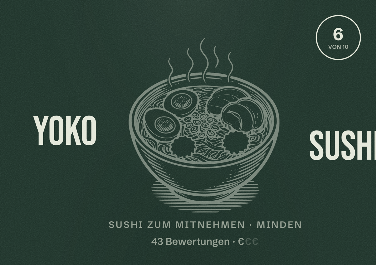 Illustriertes Poster von Yoko Sushi, Sushi zum Mitnehmen in Minden: Bewertung 6 von 10 aus 43 Bewertungen, Preisniveau €