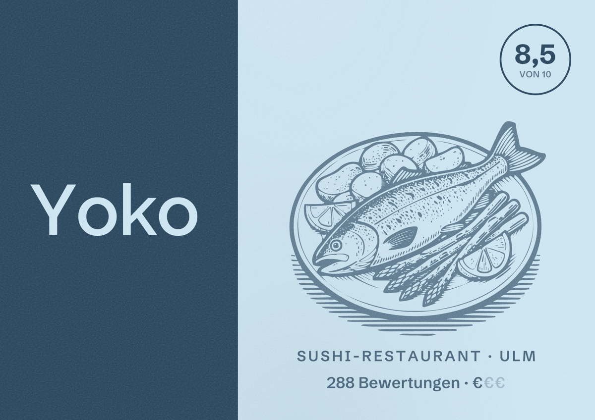 Illustriertes Poster von Yoko, Sushi-Restaurant in Ulm: Bewertung 8,5 von 10 aus 288 Bewertungen, Preisniveau €