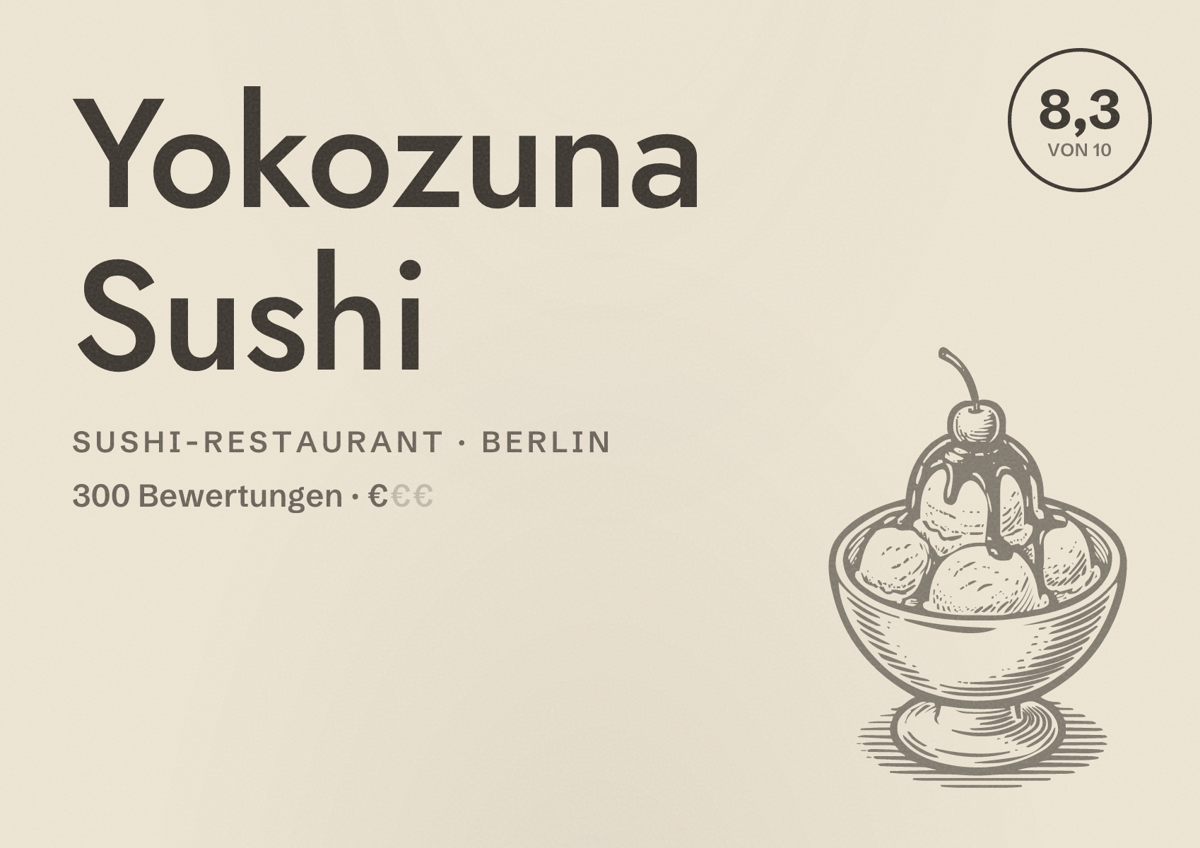 Illustriertes Poster von Yokozuna Sushi, Sushi-Restaurant in Berlin: Bewertung 8,3 von 10 aus 300 Bewertungen, Preisniveau €