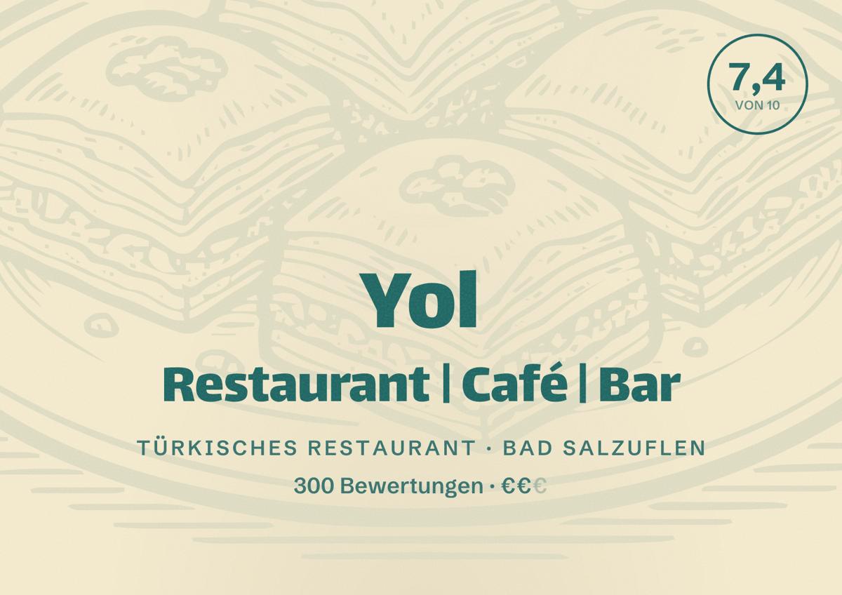 Illustriertes Poster von Yol Restaurant | Café | Bar, Türkisches Restaurant in Bad Salzuflen: Bewertung 7,4 von 10 aus 300 Bewertungen, Preisniveau €€