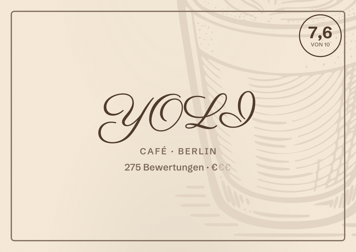 Illustriertes Poster von YOLI, Café in Berlin: Bewertung 7,6 von 10 aus 275 Bewertungen, Preisniveau €