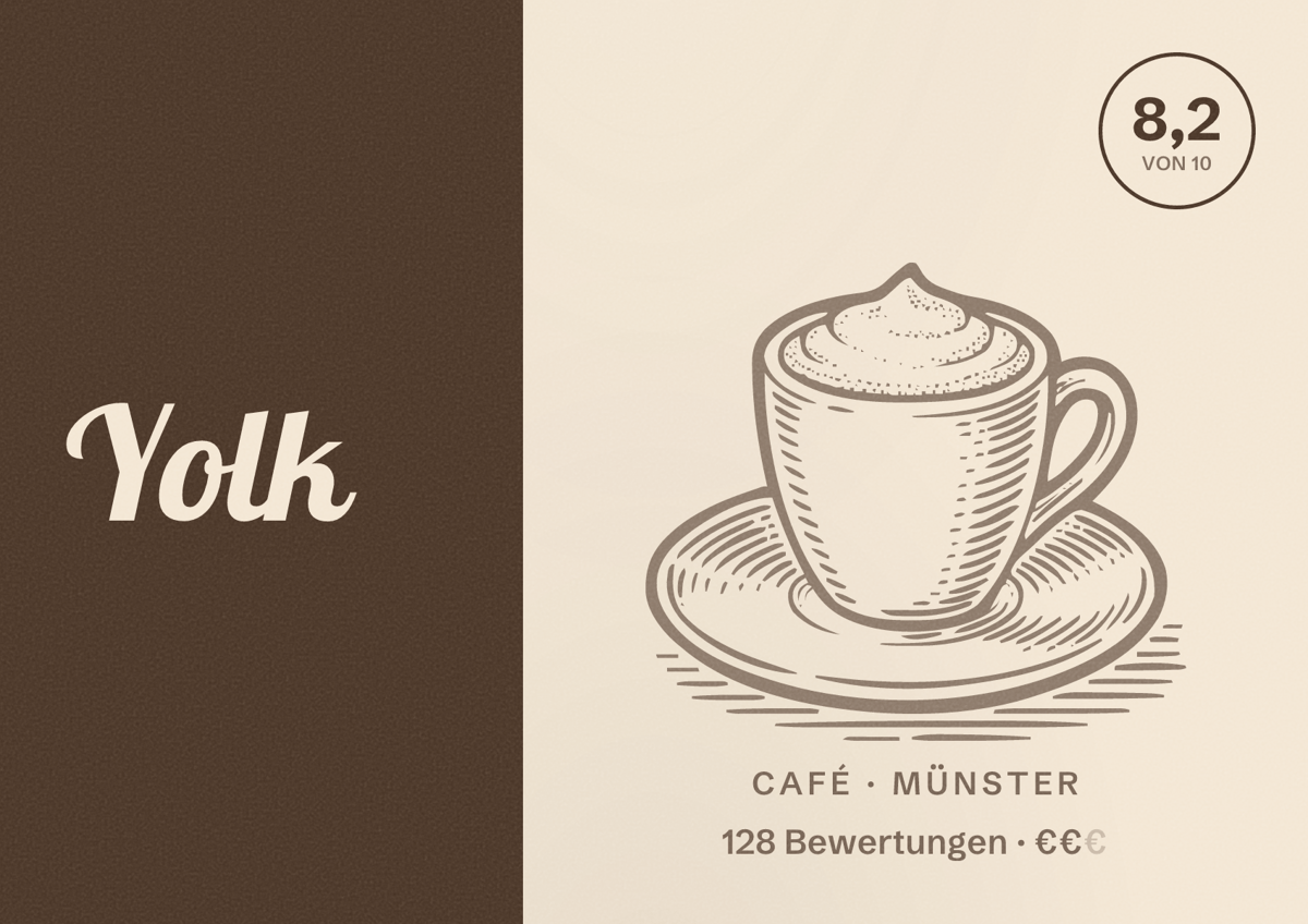 Illustriertes Poster von Yolk, Café in Münster: Bewertung 8,2 von 10 aus 128 Bewertungen, Preisniveau €€