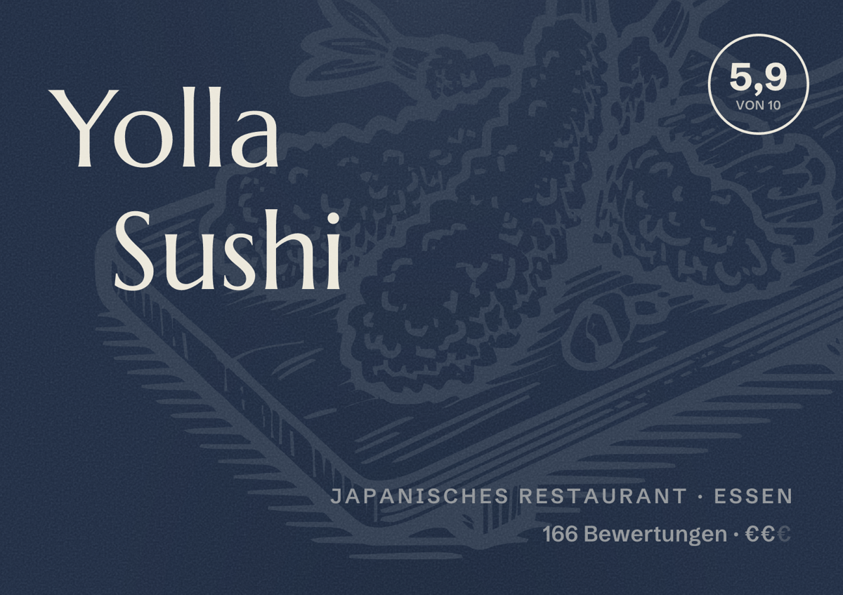 Illustriertes Poster von Yolla Sushi, Japanisches Restaurant in Essen: Bewertung 5,9 von 10 aus 166 Bewertungen, Preisniveau €€