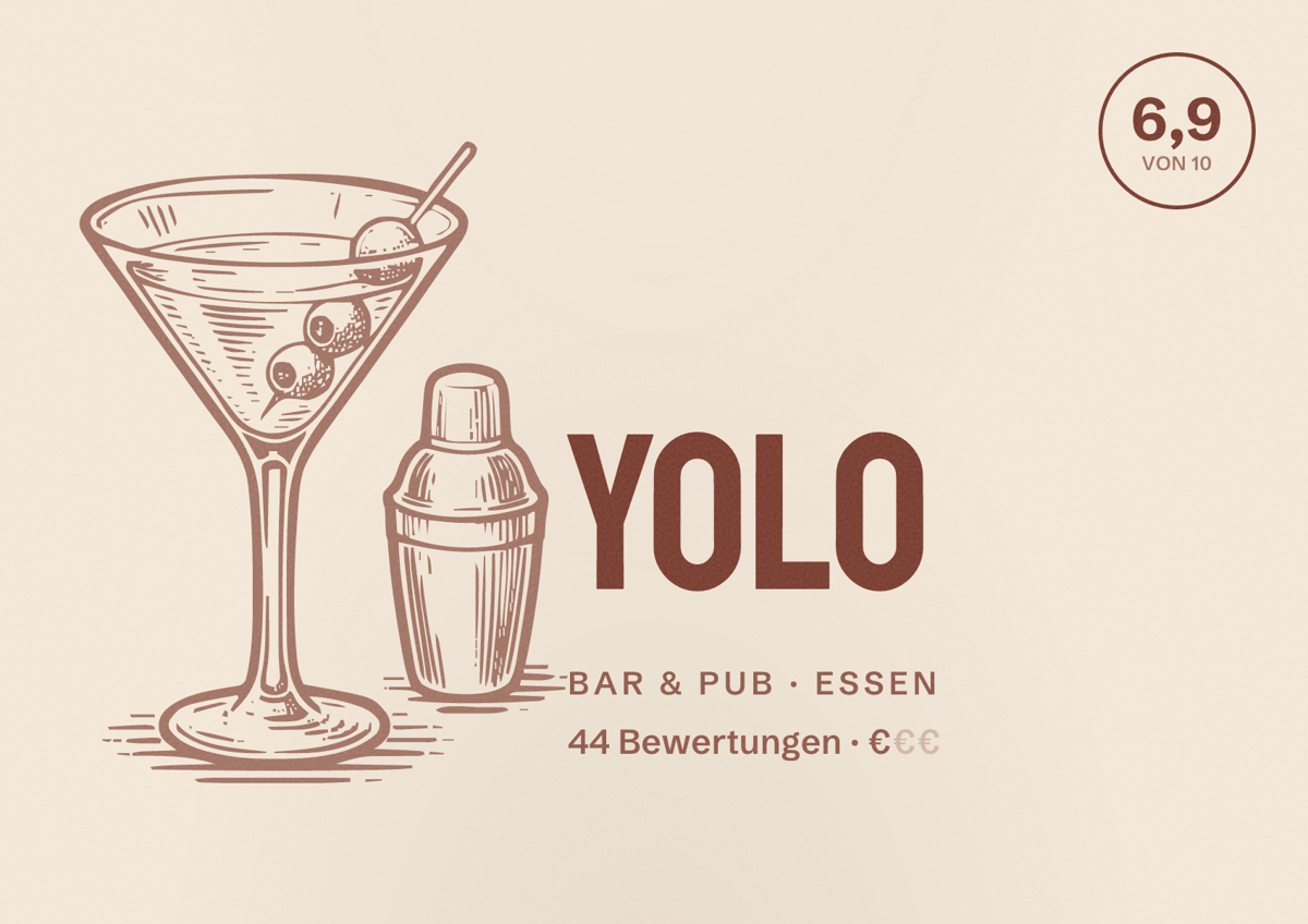 Illustriertes Poster von Yolo, Bar & Pub in Essen: Bewertung 6,9 von 10 aus 44 Bewertungen, Preisniveau €