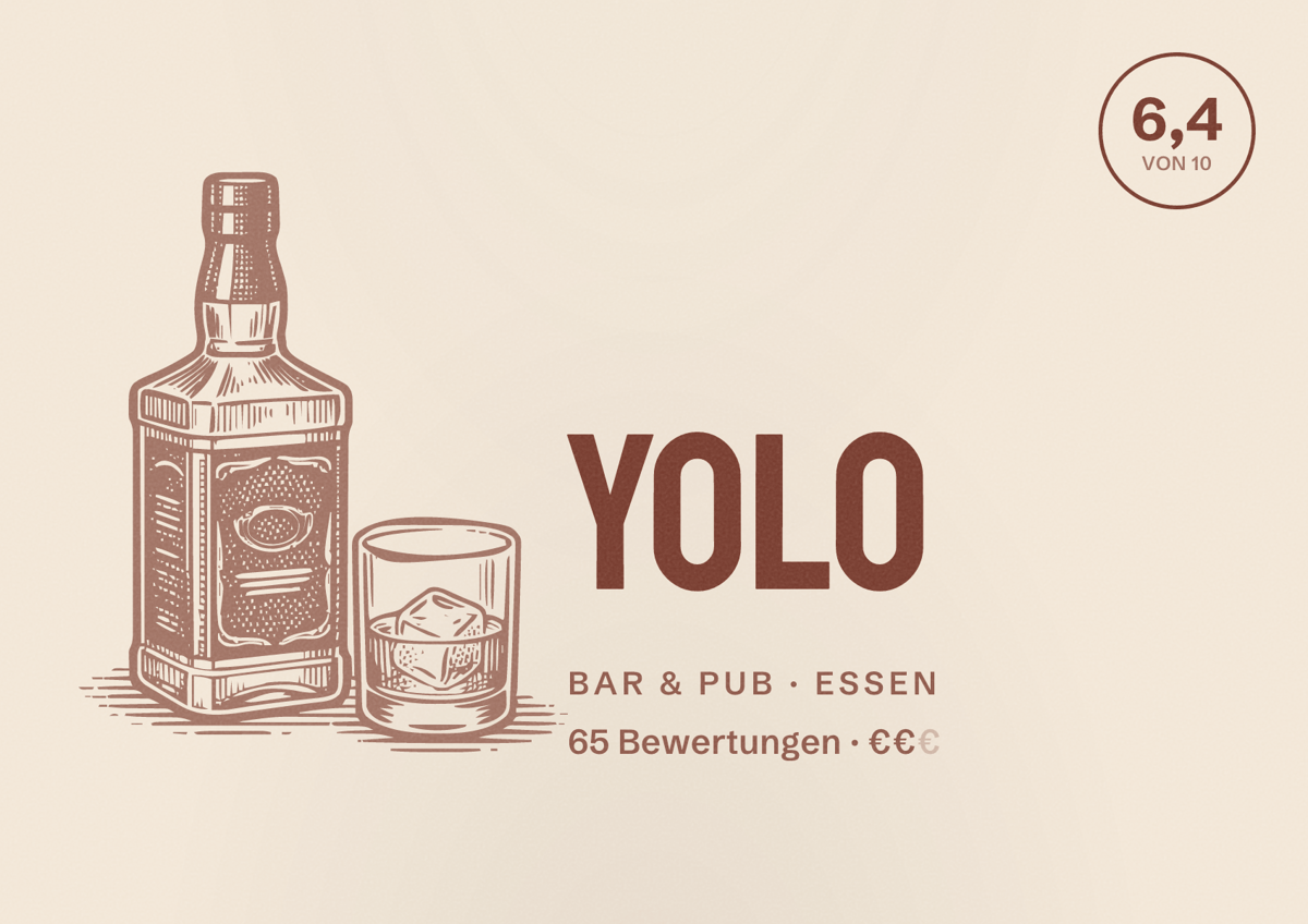 Illustriertes Poster von Yolo, Bar & Pub in Essen: Bewertung 6,4 von 10 aus 65 Bewertungen, Preisniveau €€